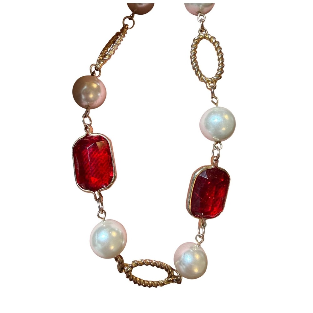 Gold Tone Red Gem Pearl Station 30" Necklace Elegant Women Jewelry valentine‎